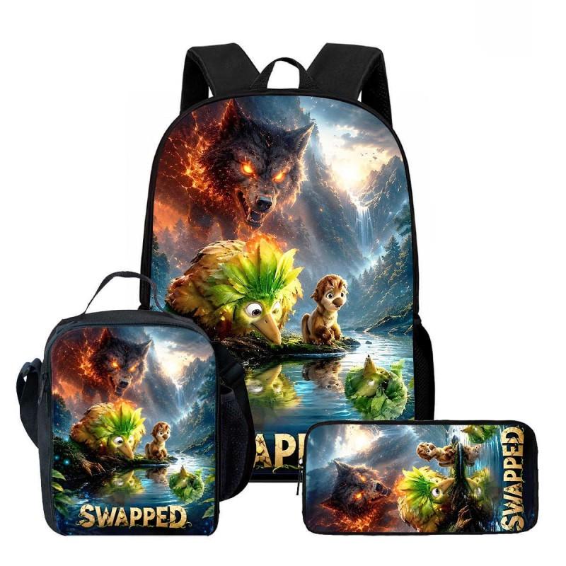 Kids Cartoon Backpack Lunch Bag Pencil Case 3-Piece Set With Fun Print Design School Use