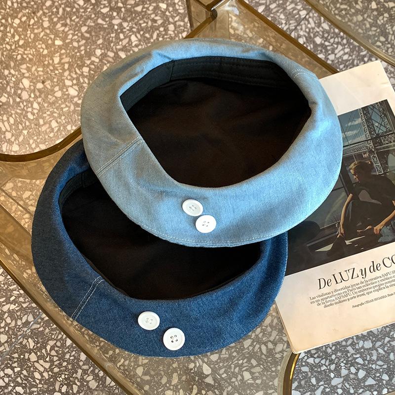 Cowboy Beret Women's Korean Style All Match Button Bud Painter's Hat Big Head Circumference Hat Showing Face and Trendy
