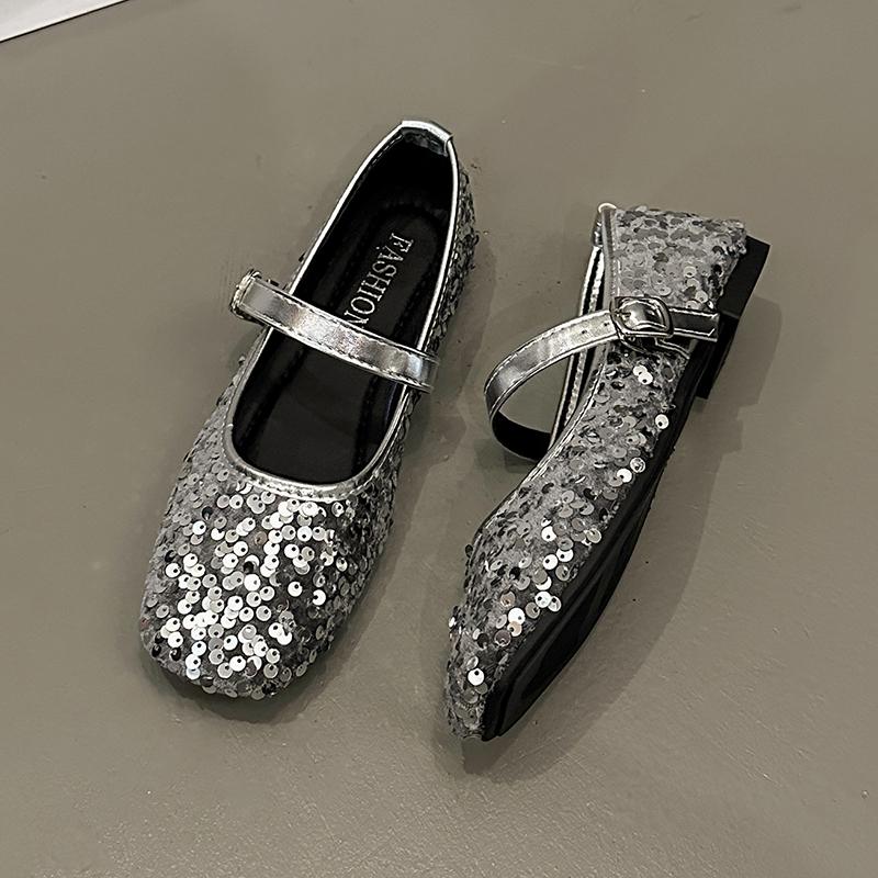 Sequin Mary Jane Shoes Women's Spring and Summer New Round Toe Shallow Mouth Flat Slip Single Shoes