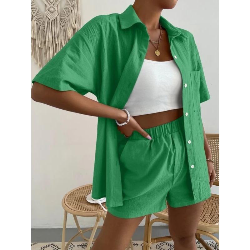 Cotton and Linen Fashion Set, Solid-color Pocket Patch Off-the-shoulder Shirt and Shorts, Solid-color Short-sleeved Shirt