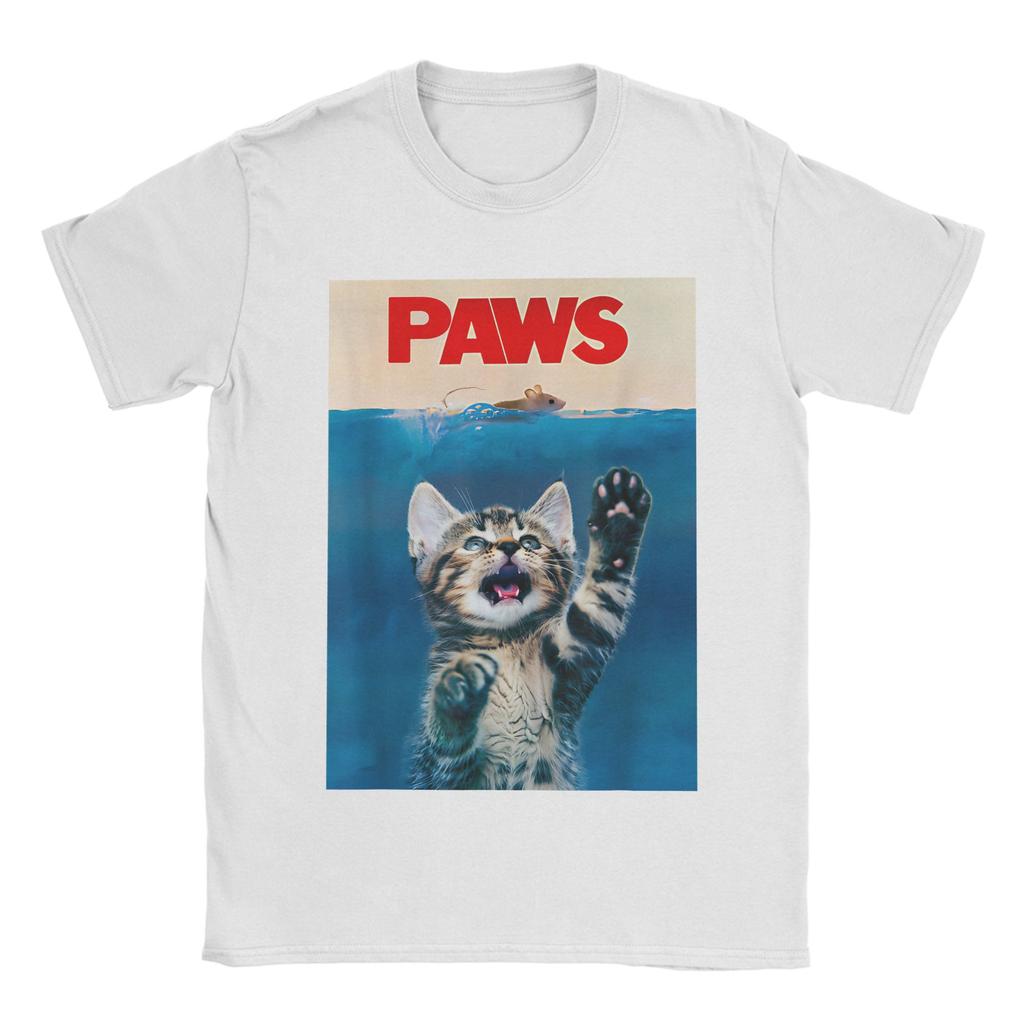 PAWS Funny Cat parody cat Lover Gift Kitten Shark Mouse meow 100 Cotton T Shirts  Novelty Tee Shirt for Man Casual Top Tees