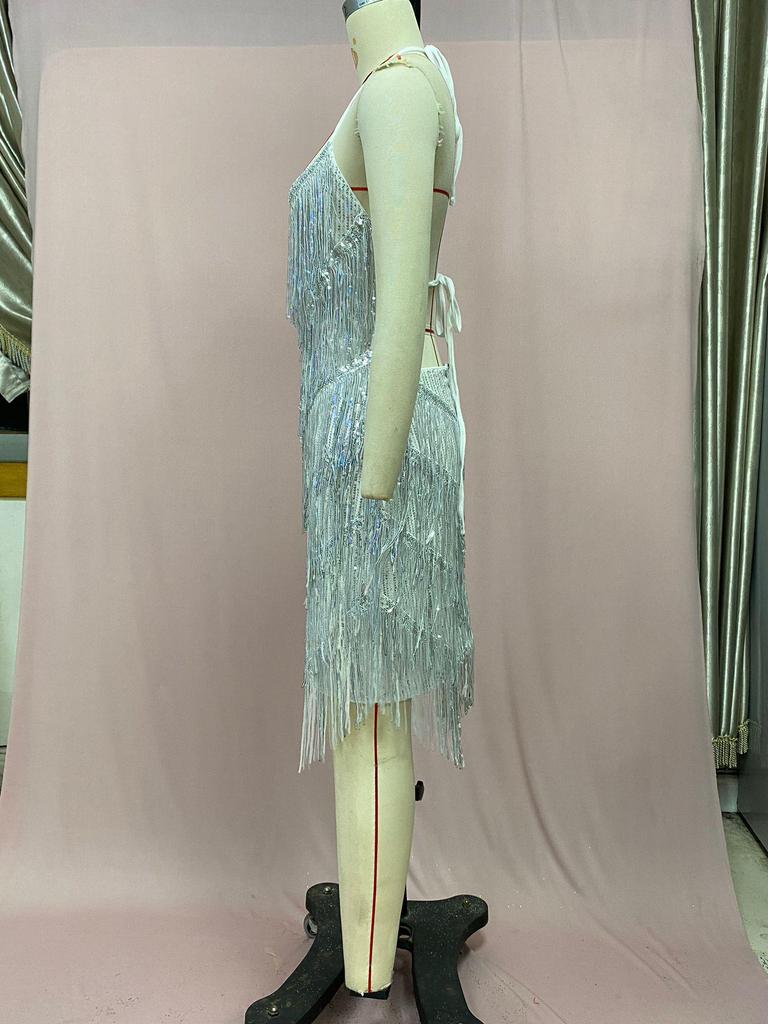 2025 Halter Tassel Backless Hip-Hugging A-Line High-Waisted Short Dress