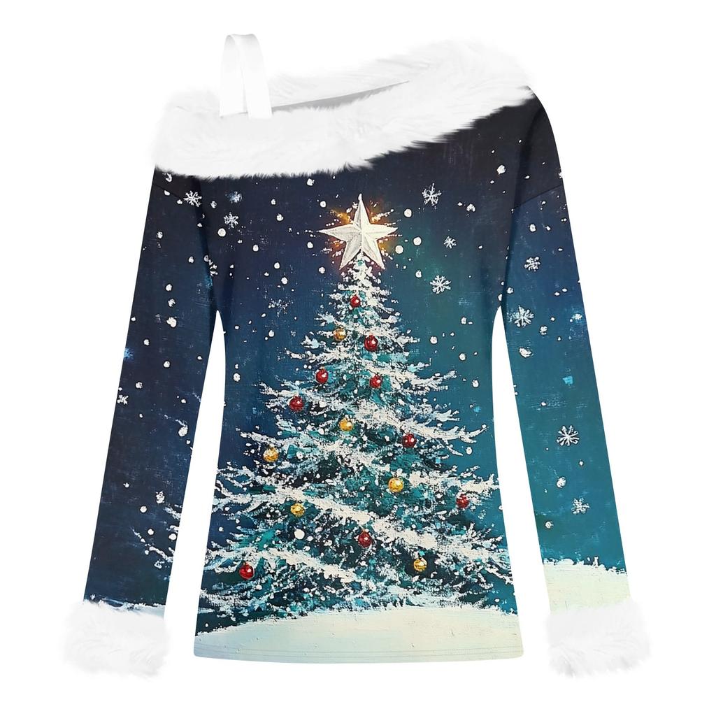 Women's Off-the-shoulder Plush Neck Printed Long-sleeved Pullover T-shirt Top