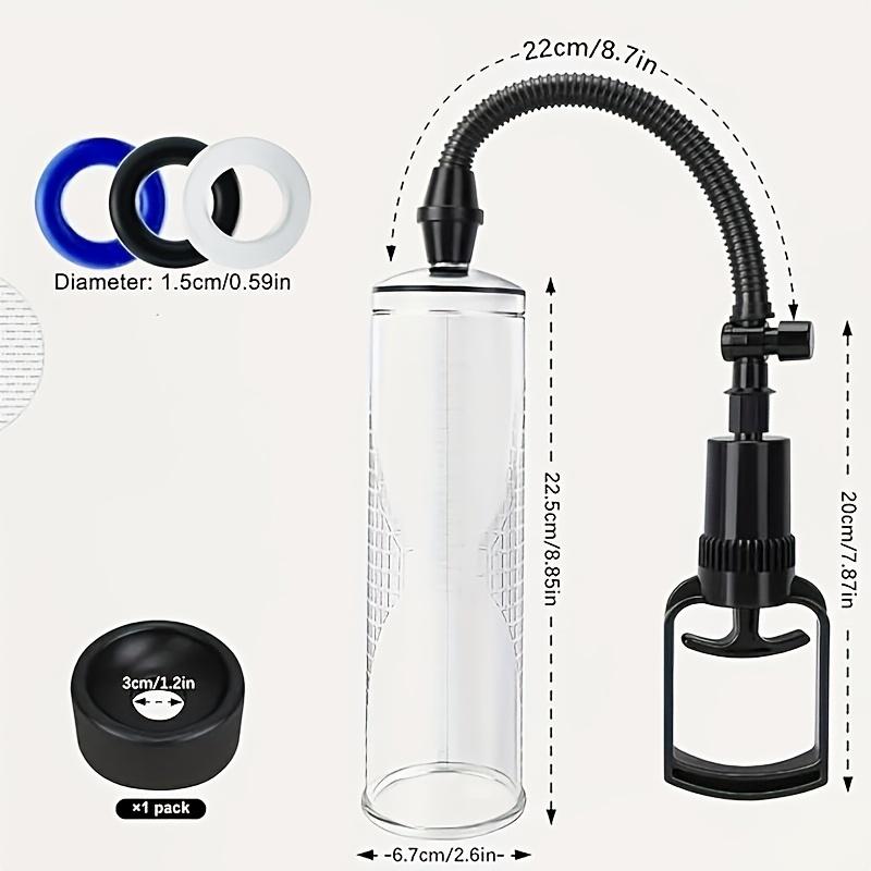 Male Vacuum Manual Penis Four-Piece Set with 3 Locking Essence Rings, Transparent Cylinder, and Black Hose, Durable Structure,
