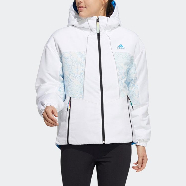 Adidas Geometric Pattern Logo Print Zip Hooded Jacket, Soft Lightweight Casual Outerwear For Women White HC0283