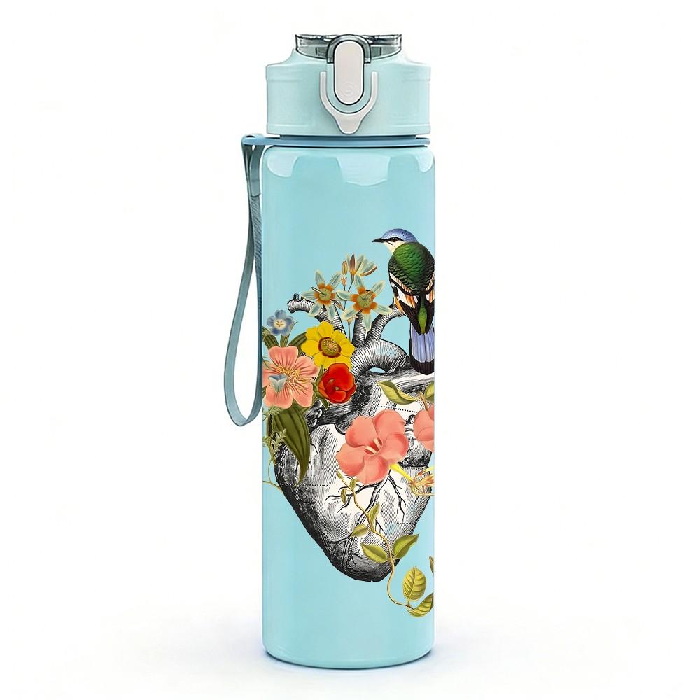 1PC Vintage Human Heart Mixed Floral Plant Bird 750ml Color Plastic Sports Water Bottle Leakproof Flip Straw Lid Suitable for Sports Office Home Use