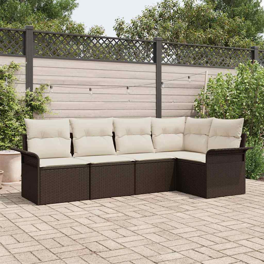Garden Sofa Set with Cushions 5 pcs Brown Poly Rattan