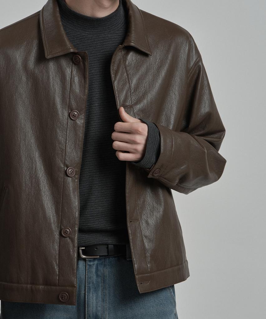 WORK ON BODY OFF Epure Regular Fit Button Leather Jacket [Brown]