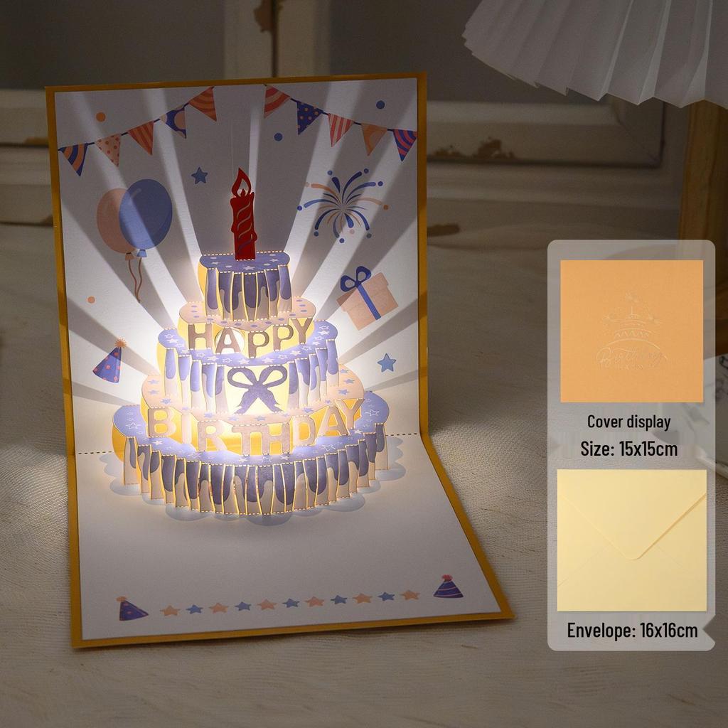 3D Pop-Up Birthday Sound Card with Recording Light - Cake Design for Boyfriend/Girlfriend Gift