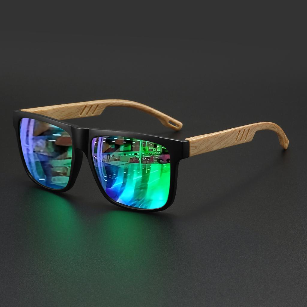 New Fashion Square Sunglasses - Wood Grain Spring Hinge, UV400 Unisex for Driving, Hiking & Travel