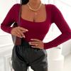 Women S Wine Red Square Neck Long Sleeve Slim Fit Solid Color Top
