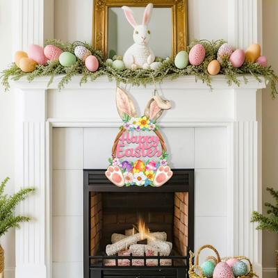 Wooden Easter Door Wreath for Front Door Happy Easter Bunny Eggs Porch