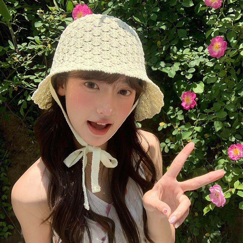 Summer Weaving Cap Hollow Bucket Hat Korean Basin Cap Ladies