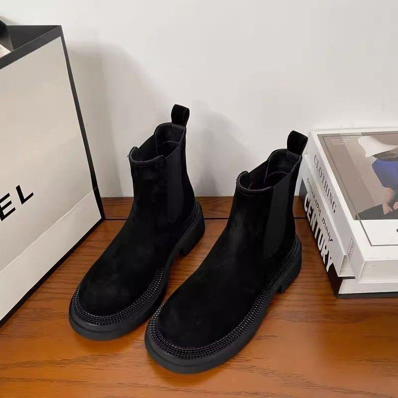 Botine Chelsea cu toc gros, cu vârf rotund, din piele întoarsă, pentru femei, toamnă/iarnă 2025