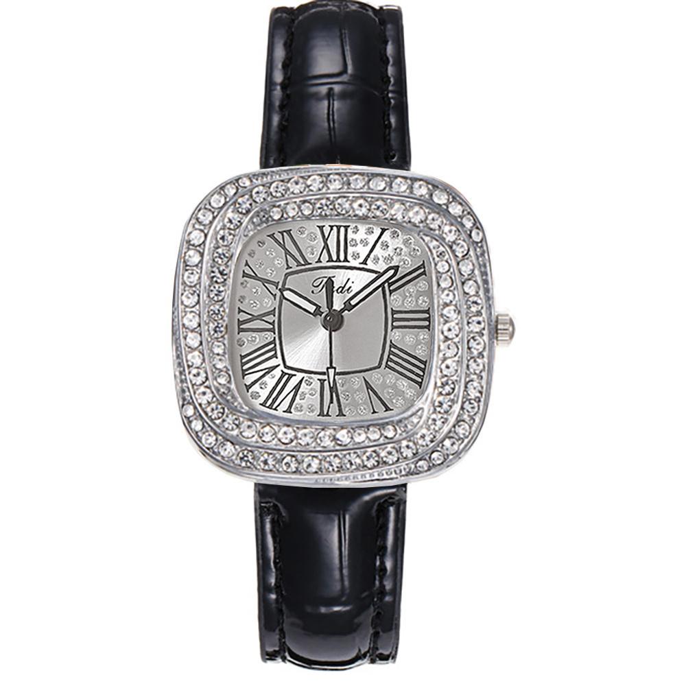 Simple Square Rhinestone Quartz Watch Casual Leather Women's Clock Wristwatch