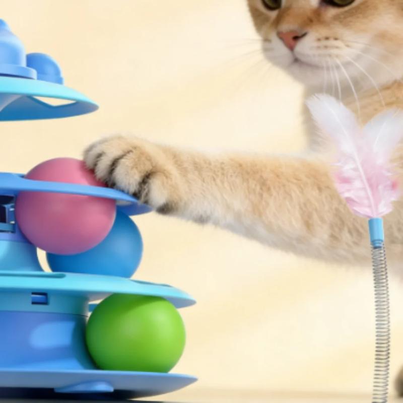 1pcs 4-Layer Feather Cat Turntable With Fun Toy Ball And Playing Stick - Interactive Toy For Cats