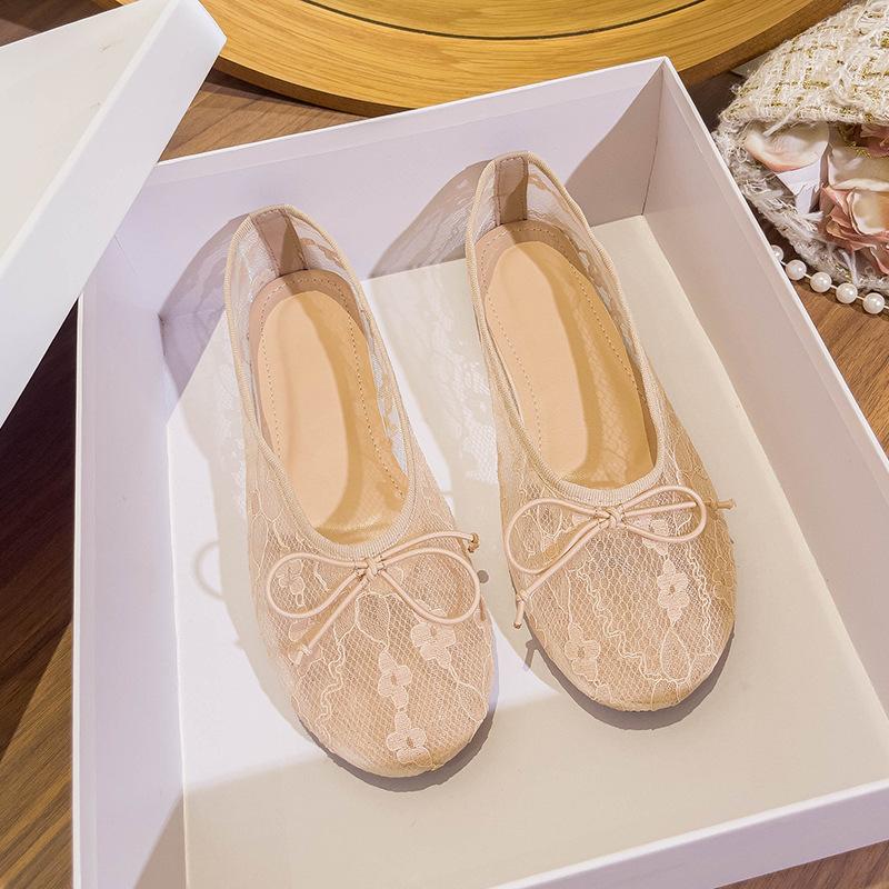 Autumn fashion versatile flat shoes lace lace bow soft sole round head breathable ballet shoes