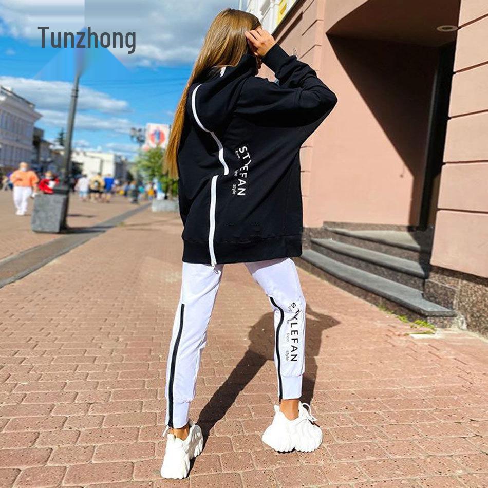 Women's European & American Fashion Set: Reversible Zip-Up Letter Print Loose Sweatshirt + Long Pants