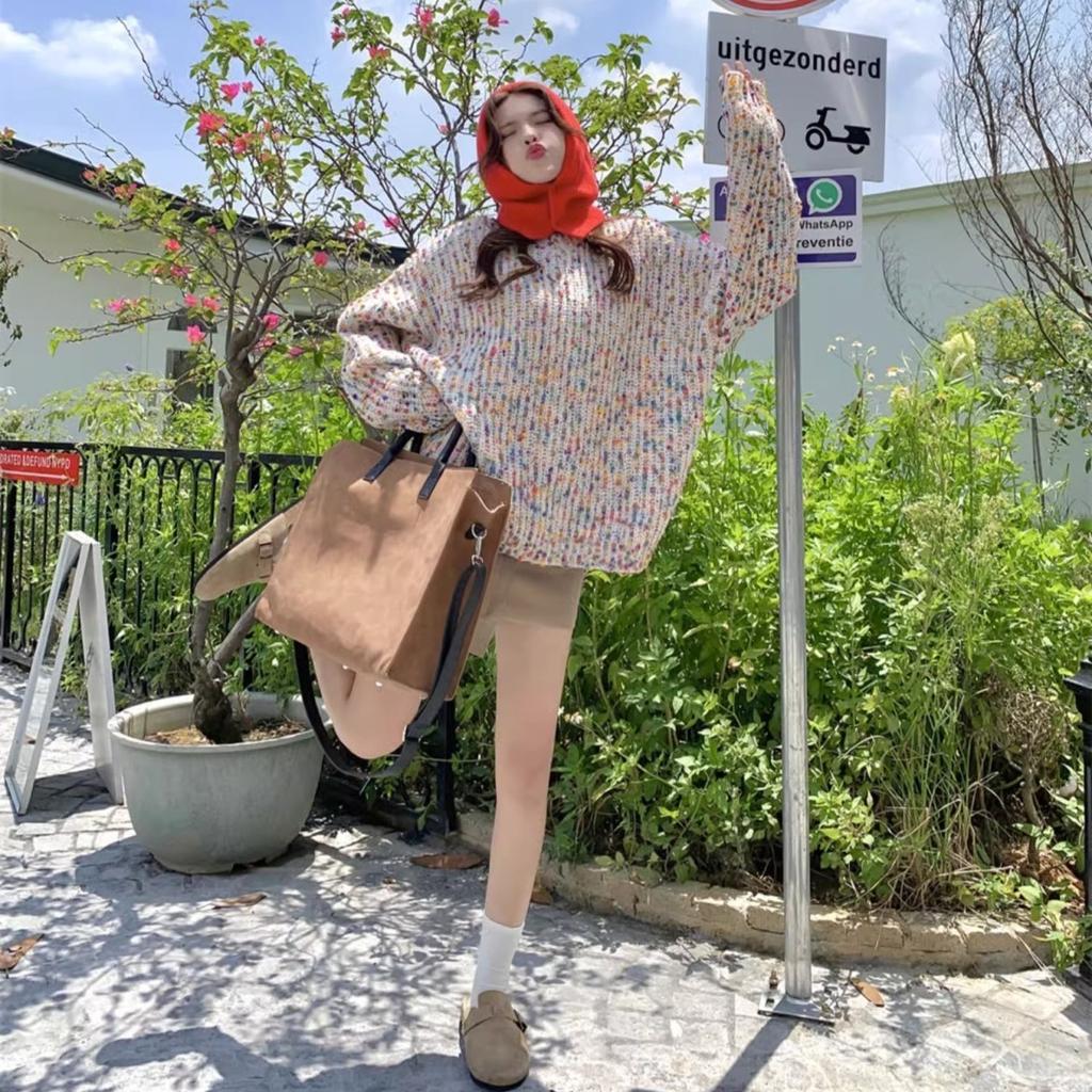 Otoño Invierno Suéter de Punto Niche Retro Colorido para Mujer Estilo Holgado y Perezoso Cuello Redondo Jersey Ropa Exterior Ropa Interior