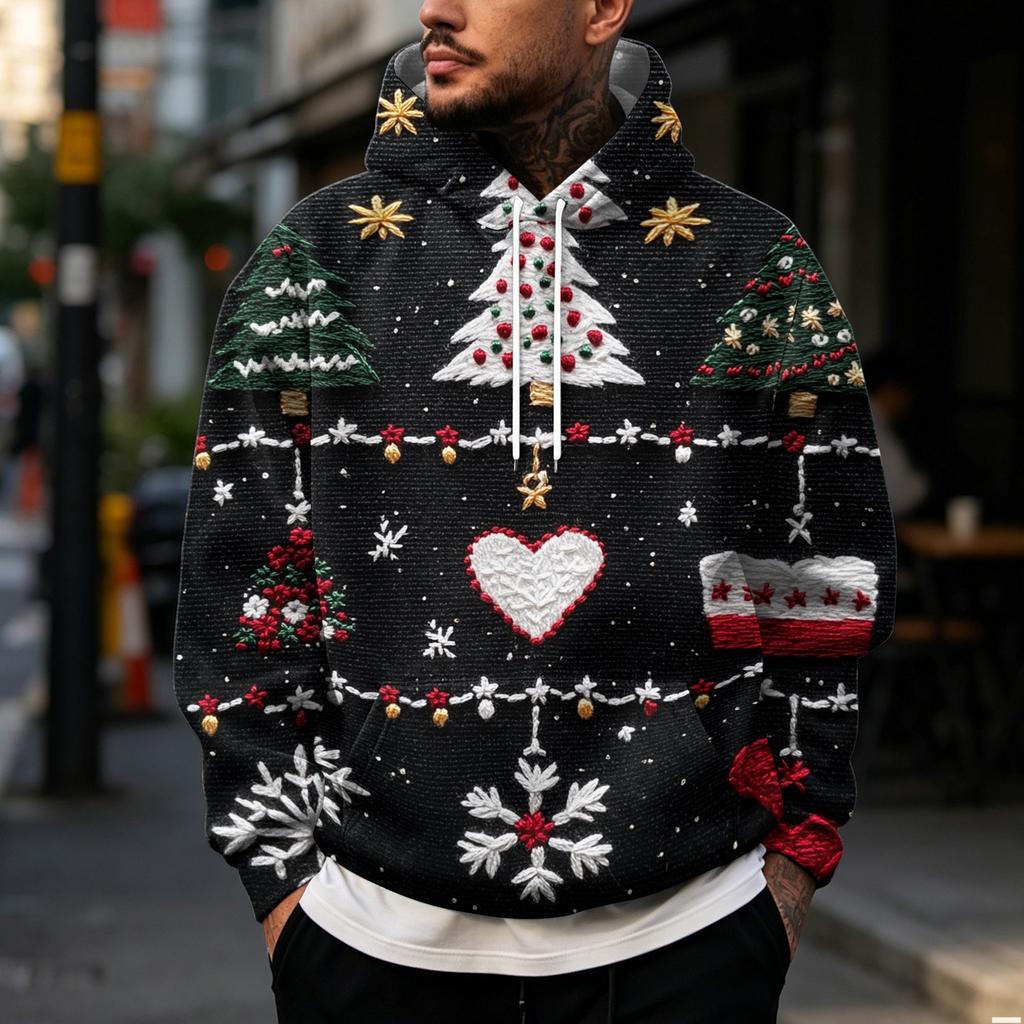 Men's Casual Trendy Christmas Print Loose Fit Pullover Hoodie Long Sleeve with Large Pockets