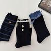 Korean Style Navy Preppy Plaid Bow Mid-Calf Socks with Flower Button and Lace Cuff for Women