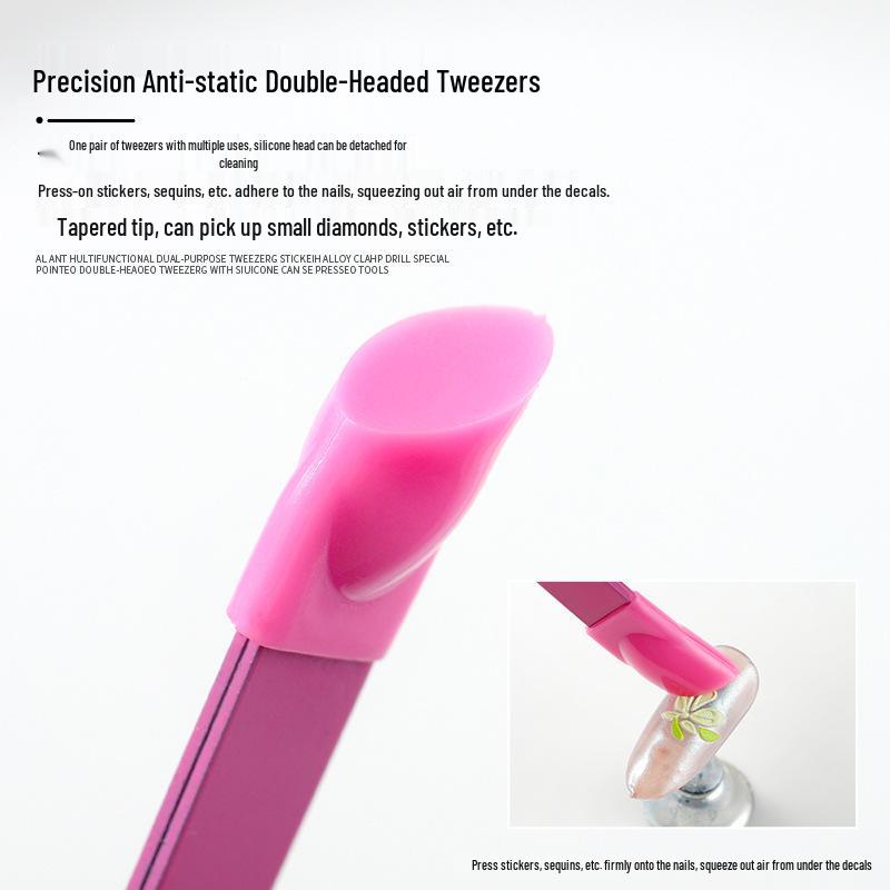 Double-Ended Nail Art Tweezers with Rhinestone Pressing Stick and Silicone Anti-Static Tip