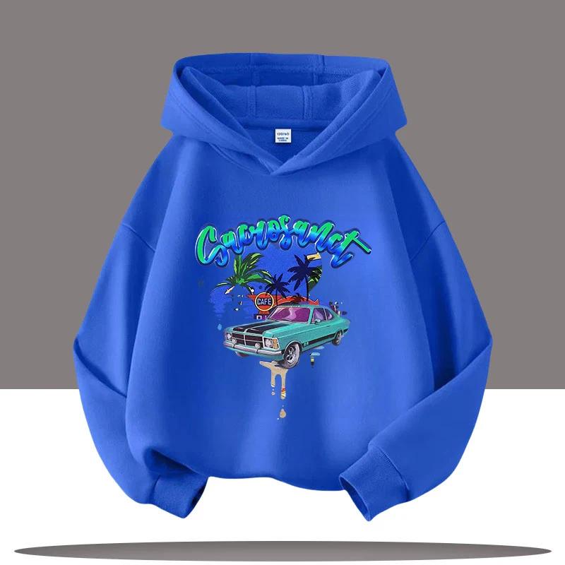New Hip-hop Style Retro Car Cartoon Printed Children's Hooded Sweatshirt, Autumn and Winter Casual Top, Comfortable Clothing