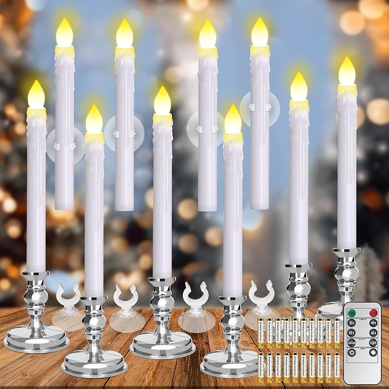 Flameless Candles 10 Pack Battery Operated Window Candles with Drip Texture,Remote Timer,10 Removable Candle Holders,10 Suction Cups,20 AA Batteries