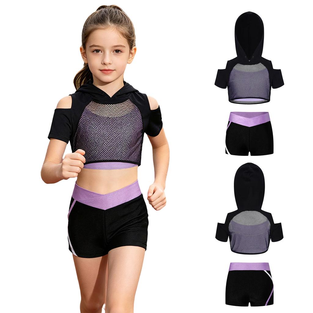 Kids Girls 3 Piece Sport Set Spaghetti Strap Vest Cold Shoulder Mesh Crop Hoodie with V Front Waist Shorts for Dance Gym Training