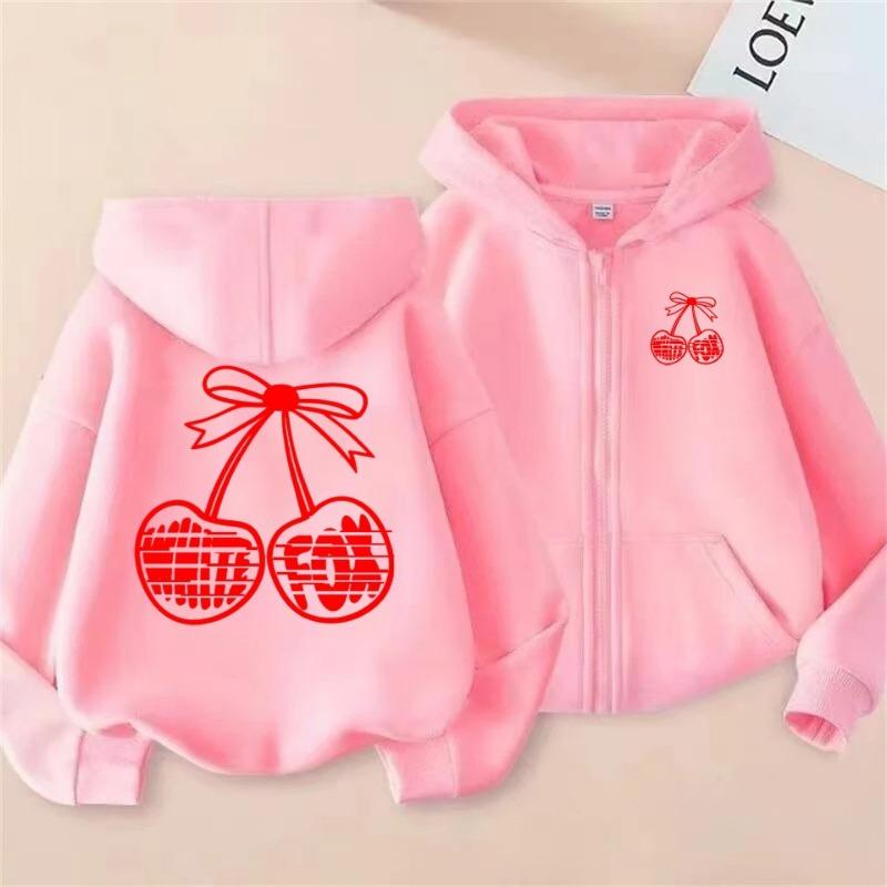 Cherry Print Zipper Hooded Women's Spring and Autumn Loose Back Large Pattern Cardigan Sweatshirt