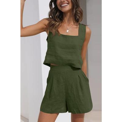 Conjunto de colete casual sem mangas com shorts de linho