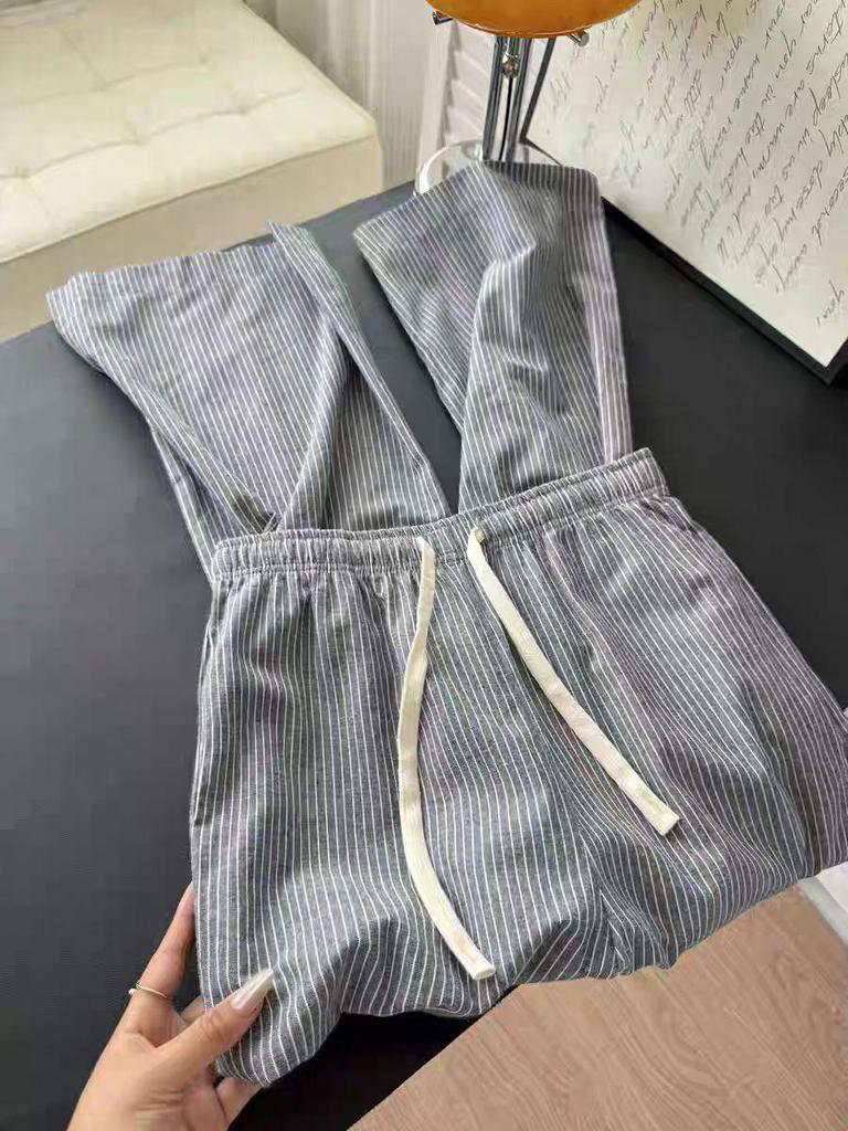 Comfortable Grey Striped Cotton Drawstring Pants for Short People - Thin, Casual, with Summer Pockets