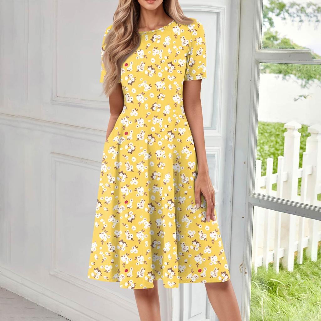 Women's Casual Fashion Round Neck Short Sleeve Floral Printed Midi Dresses