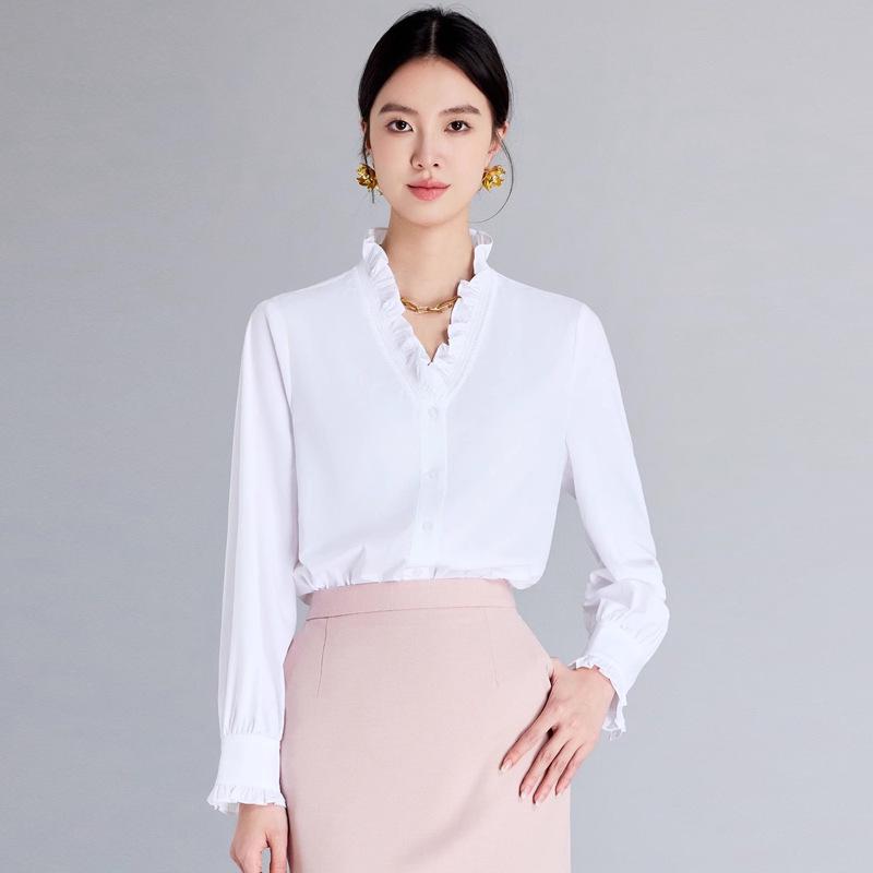 

Elegant White Ruffle V-Neck Long Sleeve Blouse for Women Extra Large
