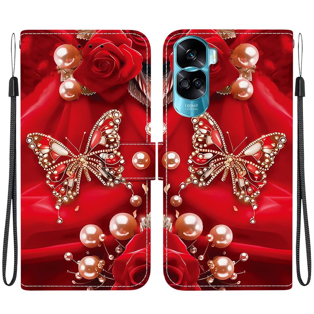 Handgefertigte PU-Leder-Flip-Hülle für Honor 90 Lite (CRT-NX1) Rutschfeste Stoßfeste Hülle mit Handschlaufe & Herz/Rose Katze Designs