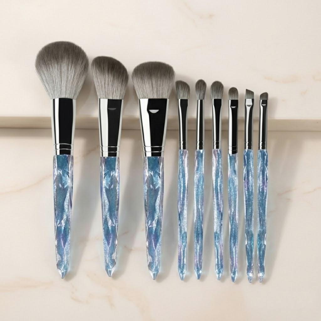 

9PCS Ice Crystal Makeup Brush Set Professional Blush Eyeshadow Brushes High Quality Aesthetic Beauty Tools for Makeup Lovers
