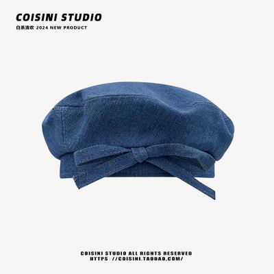Japanese  Beret for Women's Simple Bow Strap Denim Spring and Autumn Casual Versatile Trend Temperament Solid Color Painter Hat