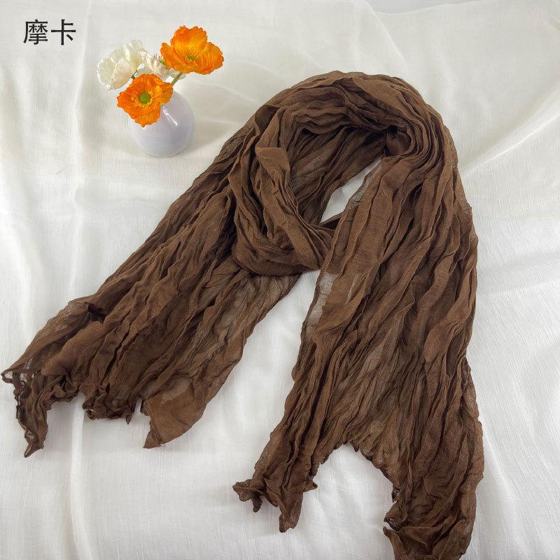 Women Soft Breathable Cotton and Linen Scarves Solid Color Pleated Scarf Retro Bohemian Style Long Wraps 180*90cm Multi Color