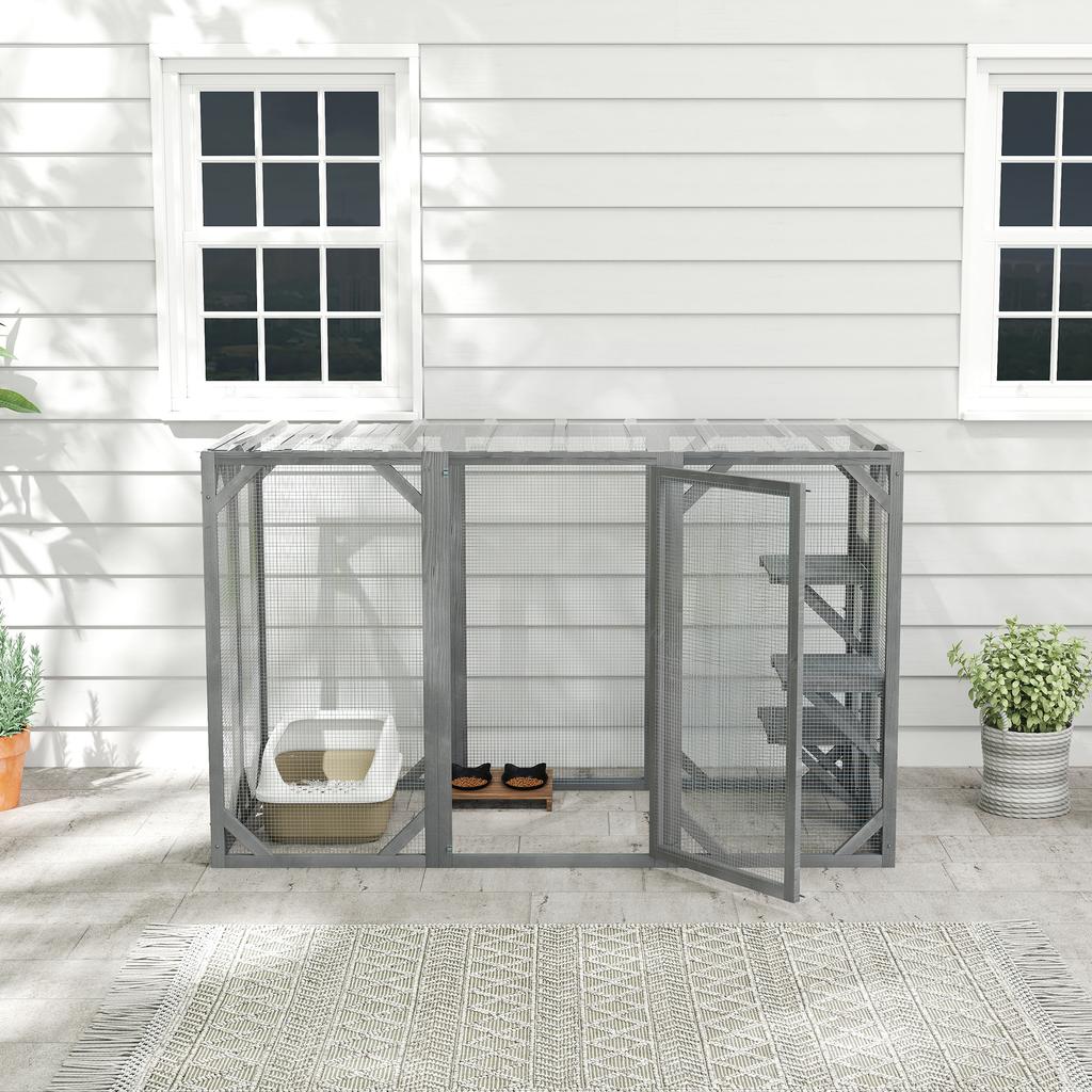 71" Outdoor Wooden Cat House with Three Platforms, Large Door, Water-Resistant Roof, for Multiple Cats, Grey