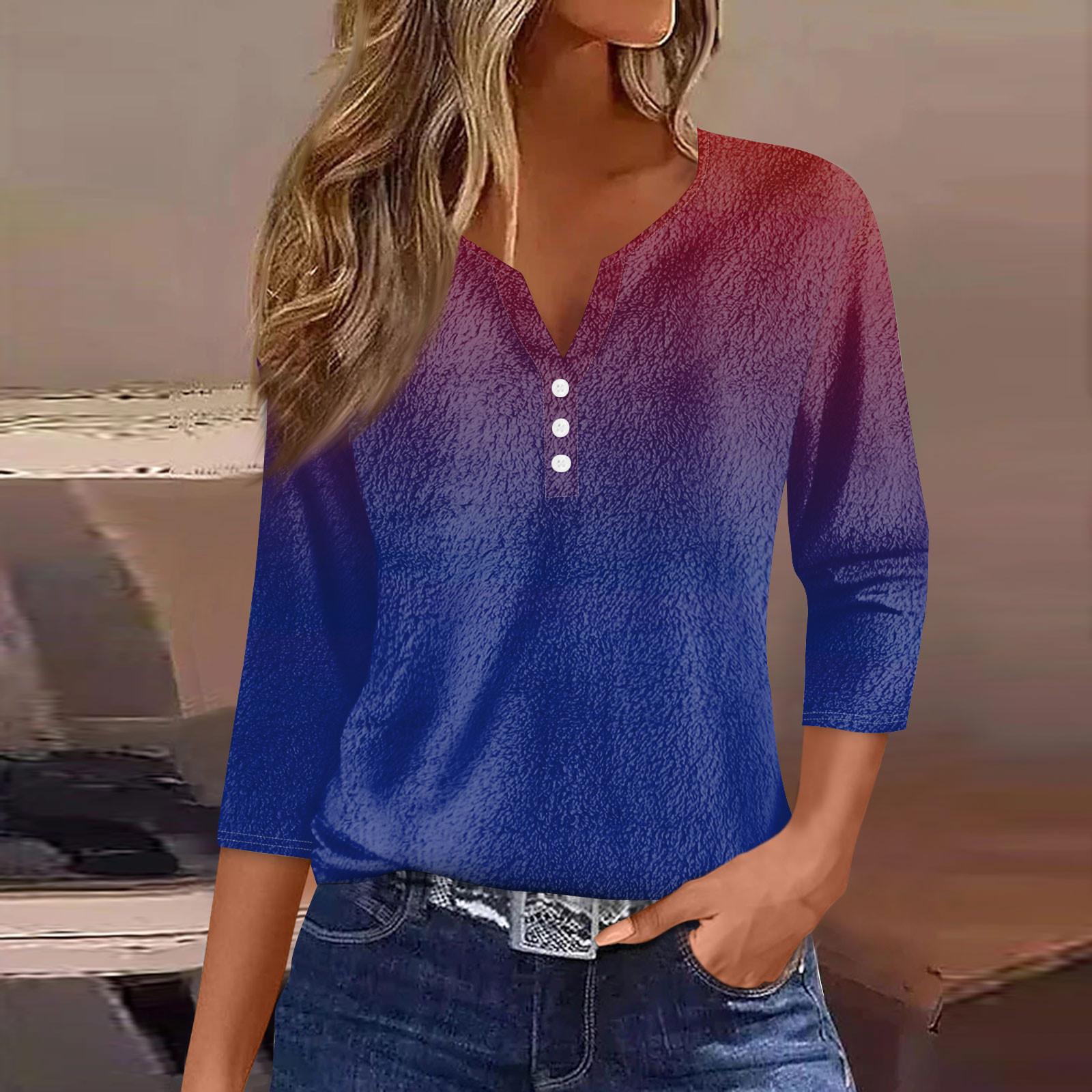 

Женская модная повседневная футболка с принтом, рукав 7/10, застежка на пуговицы M