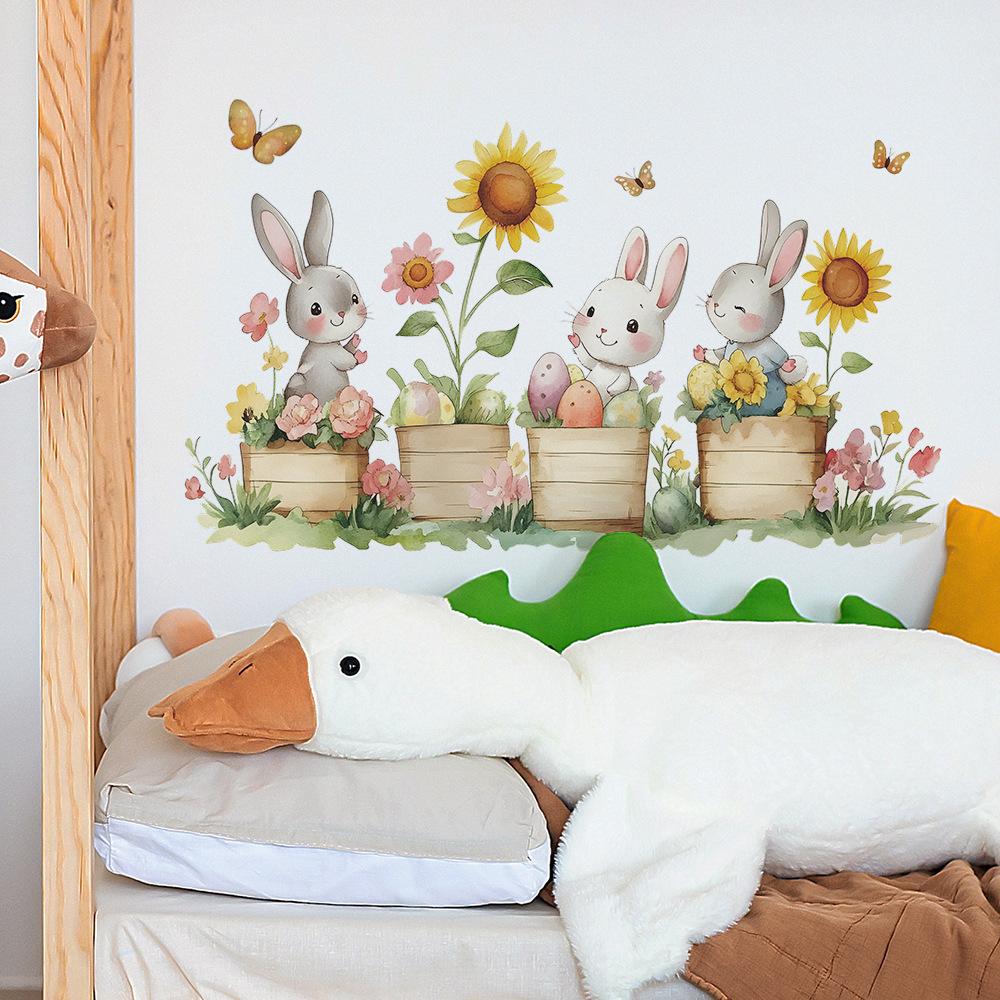 Cartoon Cute Little Rabbit Butterfly Sunflower Potted Plant Home Atmosphere Decoration Wall Stickers