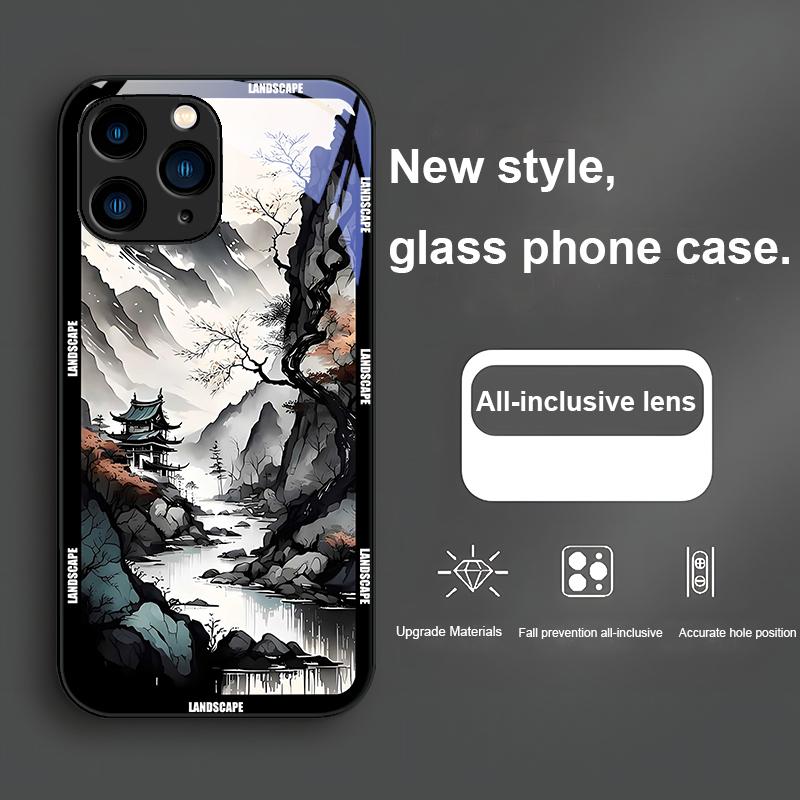 Chinese Landscape Painting For Iphone 16 Plus 15 14 13 12 Mini 11 Pro Max X XS XR 7 8 Plus 2022 Tempered Glass Phone Case