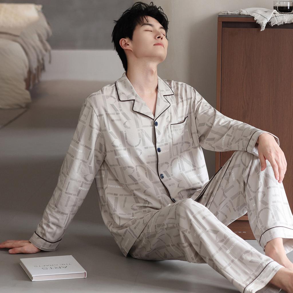 Pajamas Men's Spring and Autumn Cotton Long Sleeve 1011 New Dad Men's Autumn Thin Large Size Loungewear Set
