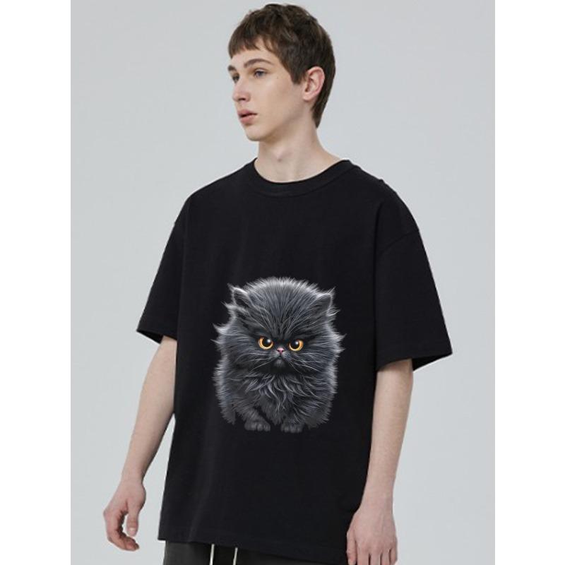 Crewneck T Shirt Black Fluffy Cat Print for Casual Wear