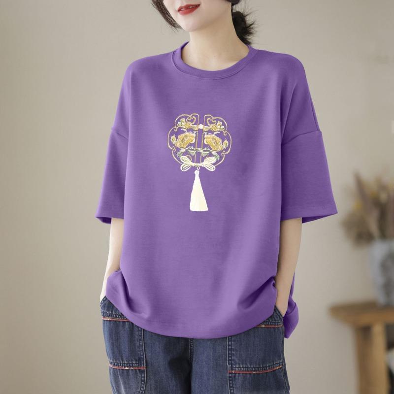 Women's Chinese Knot Embroidery Drop Shoulder T-Shirt