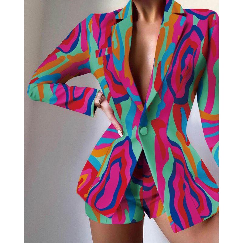 European and American Women's Clothing Fashion Suit Print Shorts Suit Long Sleeve Printed Shorts Suit
