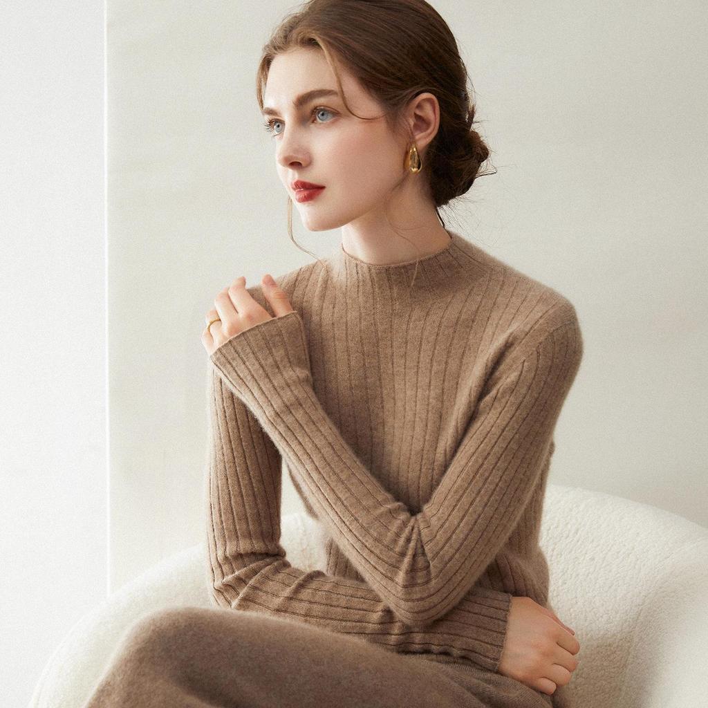 Women's 100% Pure Cashmere Striped Slim Fit Half-High Neck Sweater, Warm Autumn & Winter Knit Base Layer