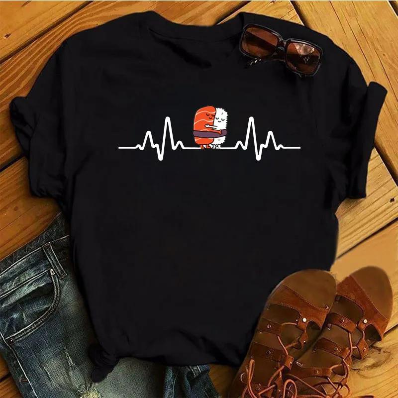 Cute Sushi hug Women T-shirts Summer black Short Sleeve T shirt girl femme O-Nock Kawaii Clothing Top tee Ladies Harajuku Tshirt