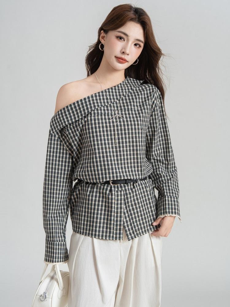 

с длинным рукавом, больших размеров, сексуальный, с открытыми плечами, в клетку, повседневный, весенне-осенний, топы-футболки, женская футболка S чёрный