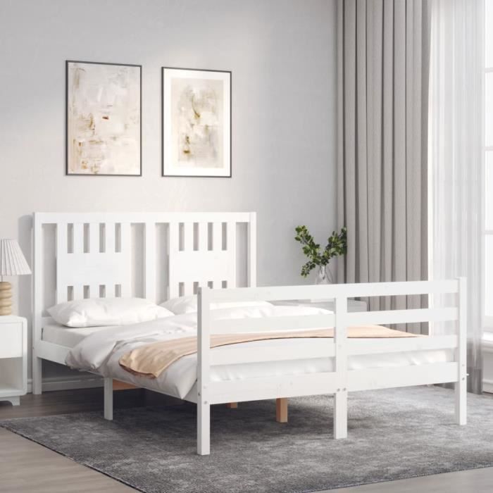 VidaXL Bed Frame with Headboard White 140x190 Cm Solid Wood 3194552